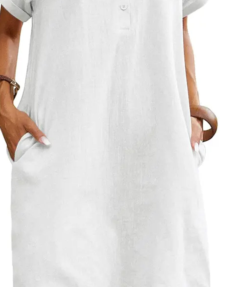 Robe Col Bouton Fente Manches Courtes Décontractée
