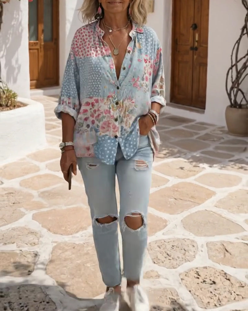 Chemise À Imprimé Fleuri Et Col Montant