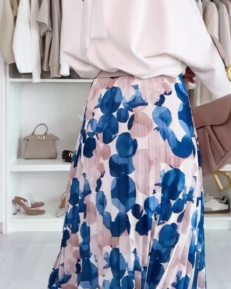 Jupe Plissée Imprimée Bloc de Couleurs