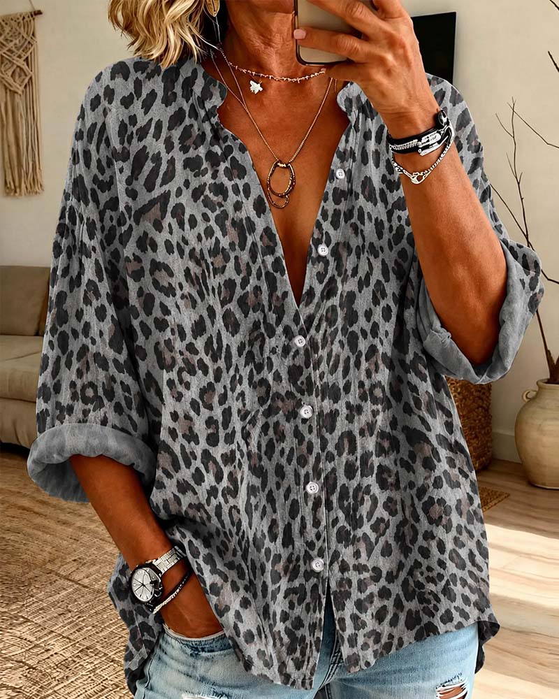 Chemise Col En V Bouton Léopard Manches Longues