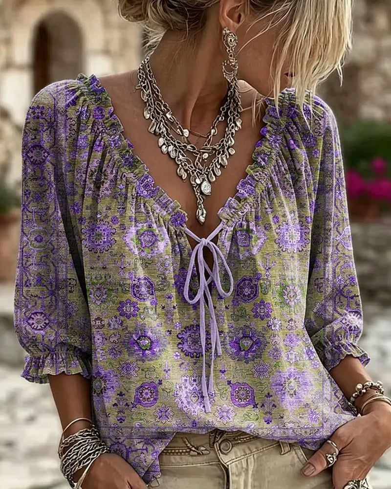 Blouse Col V Attache Vintage Imprimé