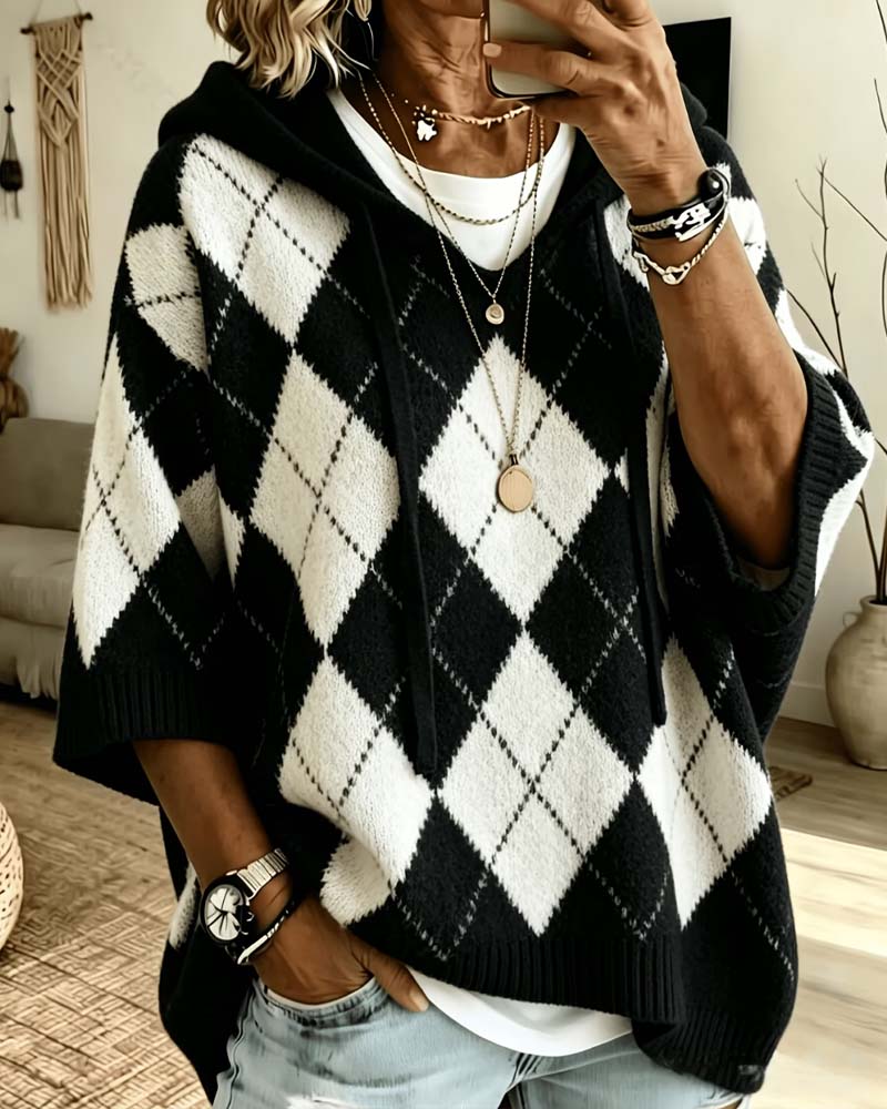 Pull À Capuche Plaid Manches Trois-Quarts