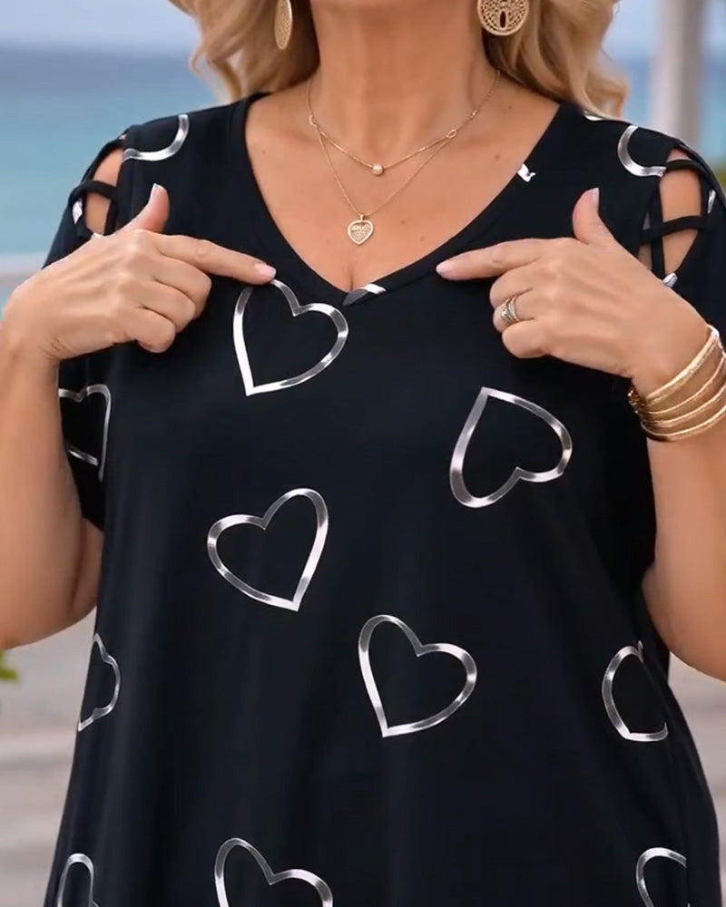 T-Shirt Motif Cœur Ajouré Manches Courtes