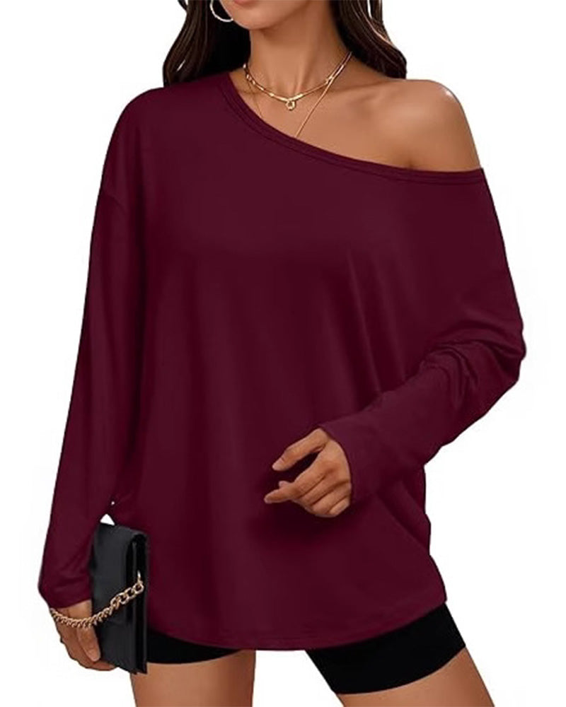 T-Shirt Une Épaule Unie Manches Longues