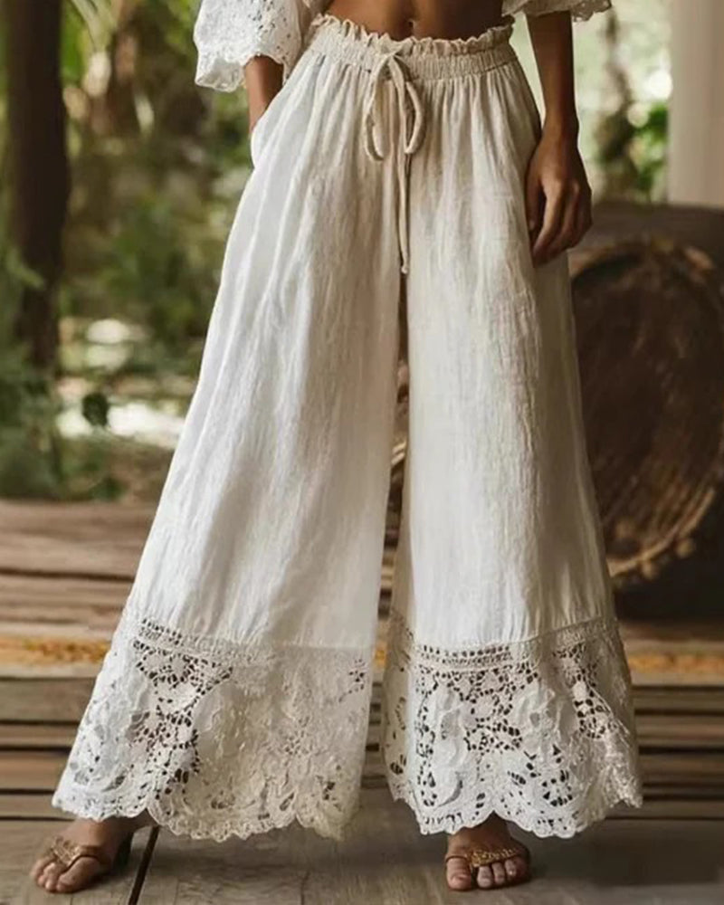 Pantalon Taille Élastique Cordon De Serrage Dentelle Patchwork Large Jambe