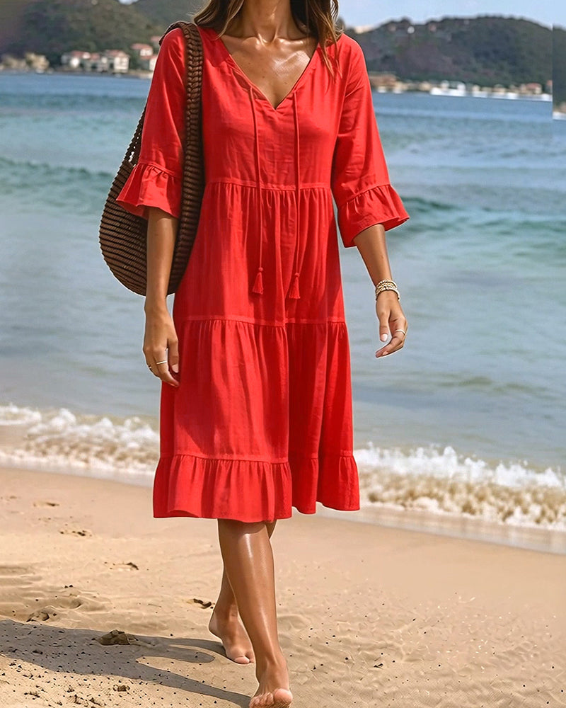 Robe Évasée Demi-Manche Nœud À La Taille