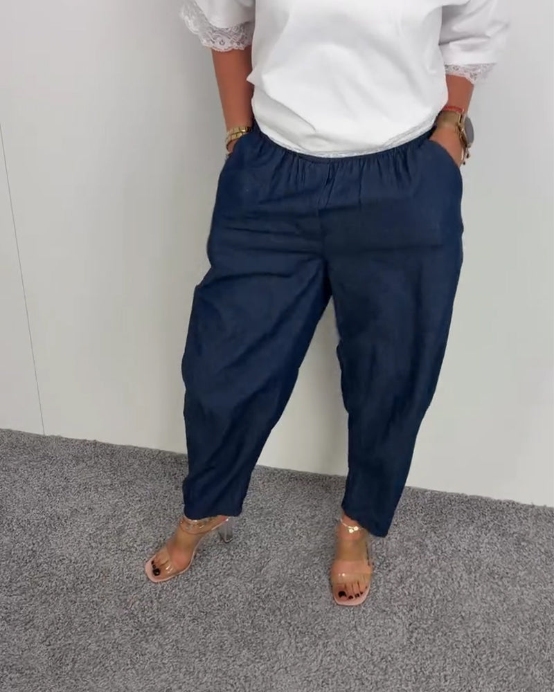 Pantalon Élégant Poche Denim Long