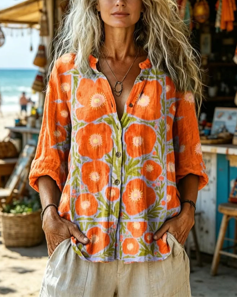 Chemise Col Montant Boutonnage Vintage Fleuri