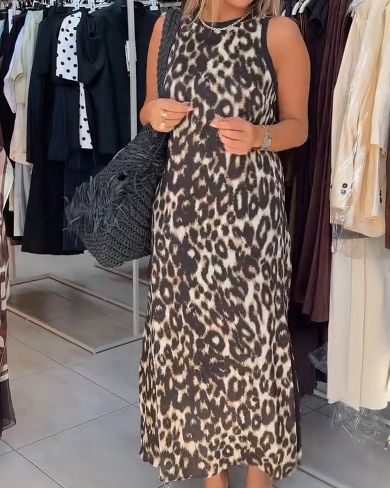 Robe Col Rond Léopard Sans Manches Maxi