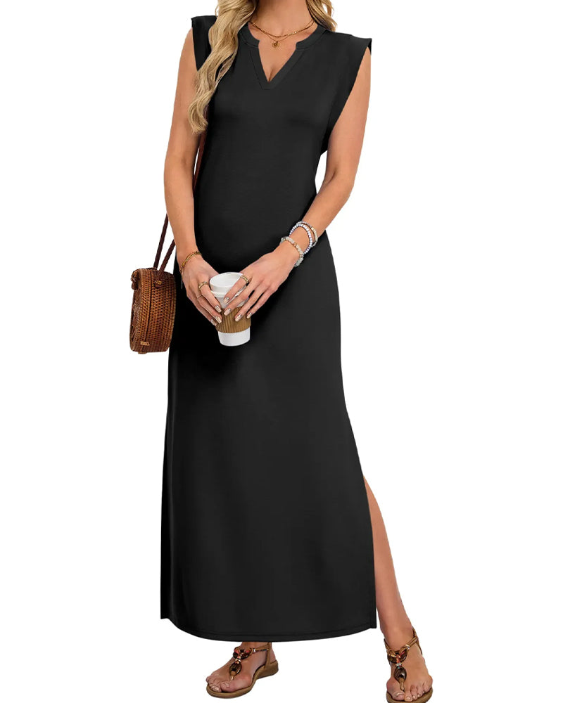 Robes Sans Manches Col V Fente Tenue De Travail Longue
