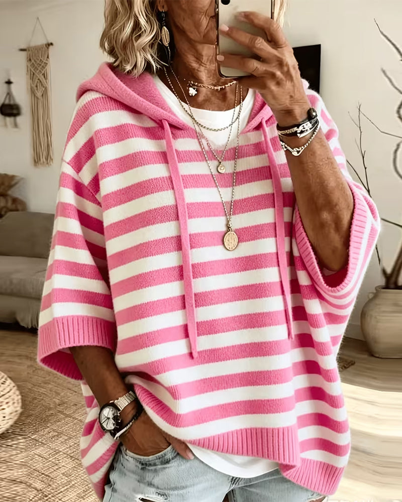 Pullover Rayure Capuche Lâche Manche Trois Quarts