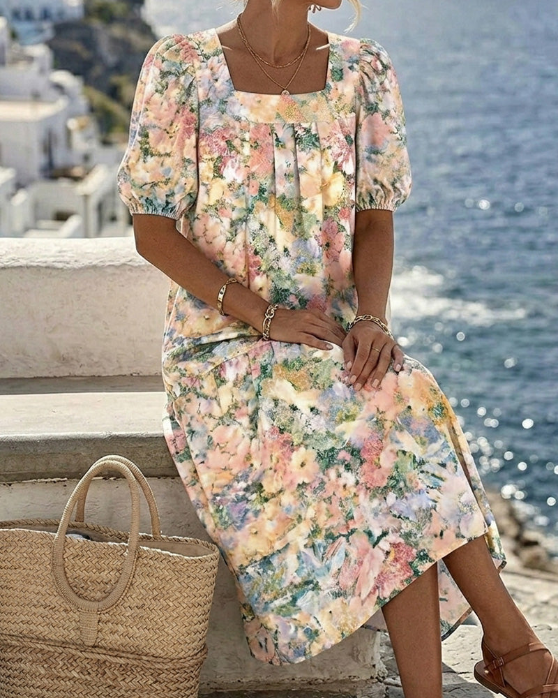 Robe Imprimée Col Carré Manche Bouffante