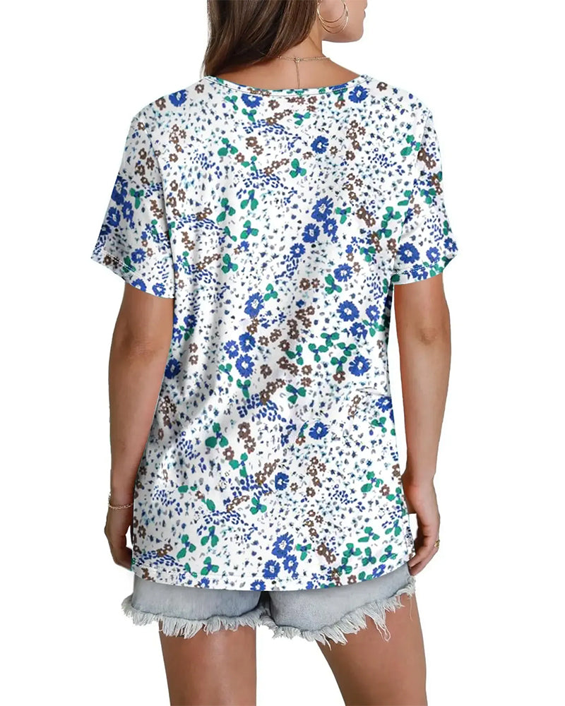 Blouse Fleurie Col V Manches Courtes