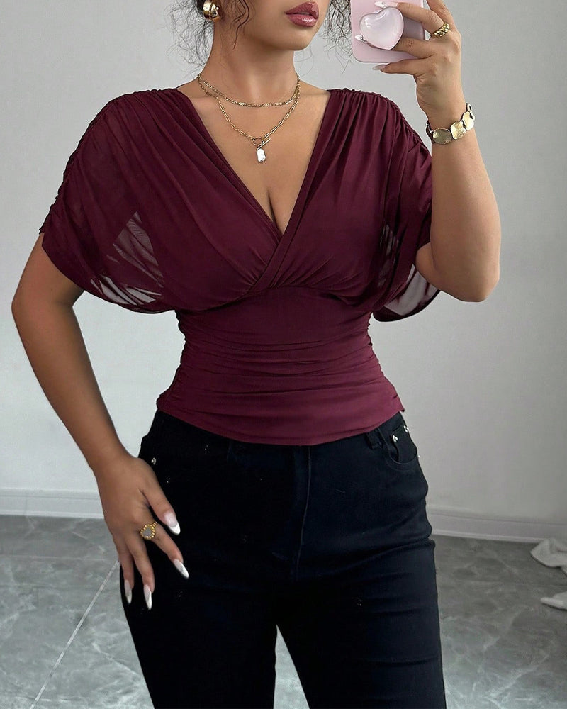 Blouse Unie Profond Col En V Taille Manches Courtes