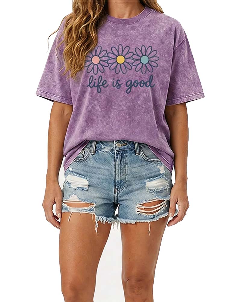 T-Shirt Imprimé Marguerite Décontracté Délavé