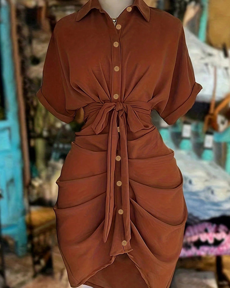 Robe Attacher Bouton Plissé Col Chemise