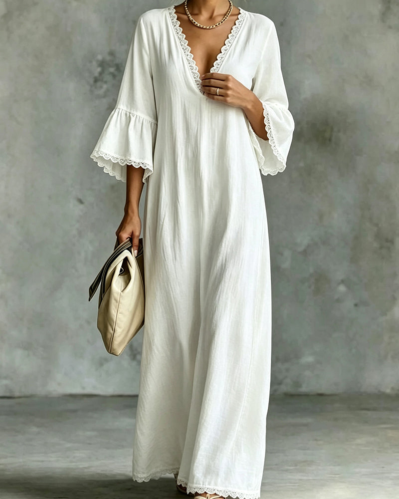 Robe Col V Dentelle Patchwork Volant Jupe Ample