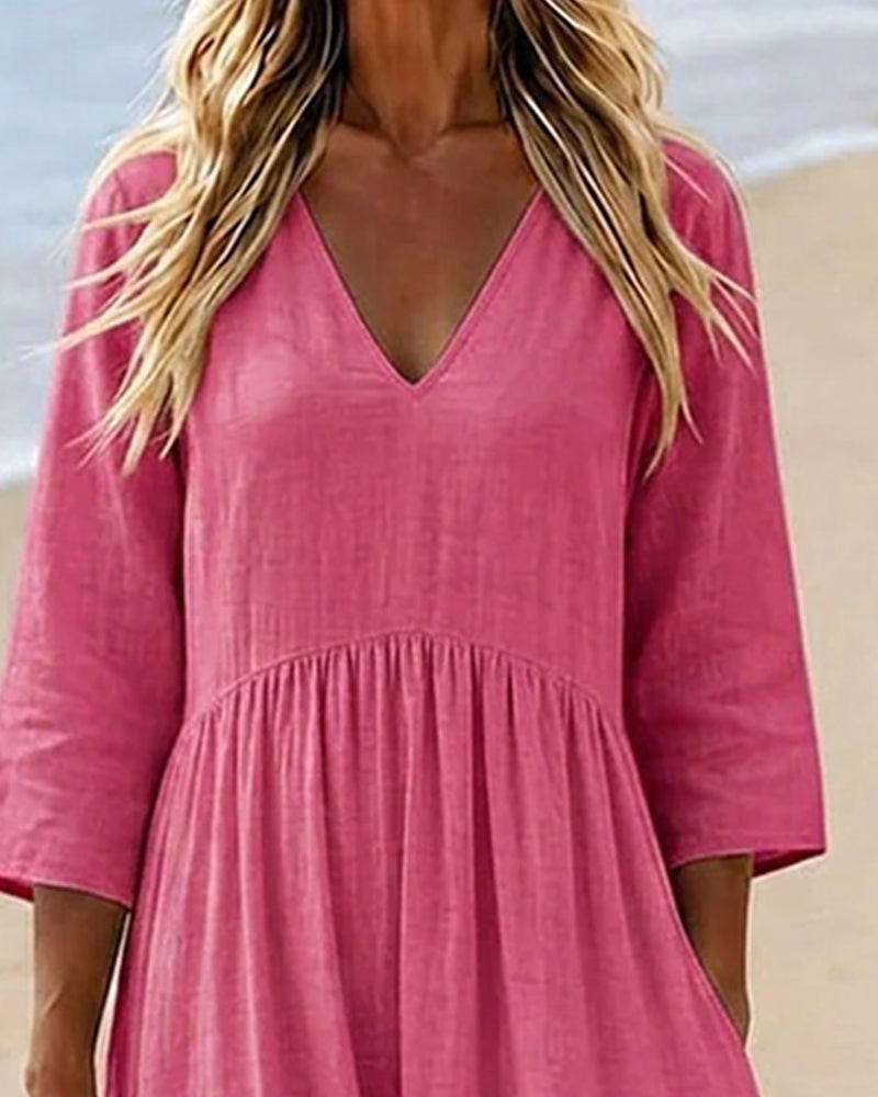 Robe Col En V Manche 3/4 Unie Longue