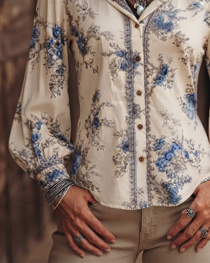 Chemise À Col À Manches Longues À Fleurs Style Vintage