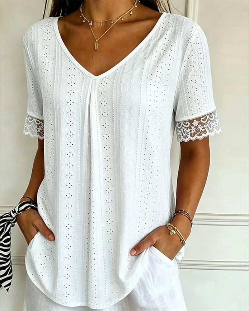 Blouse Col En V Creux Dentelle Assemblage