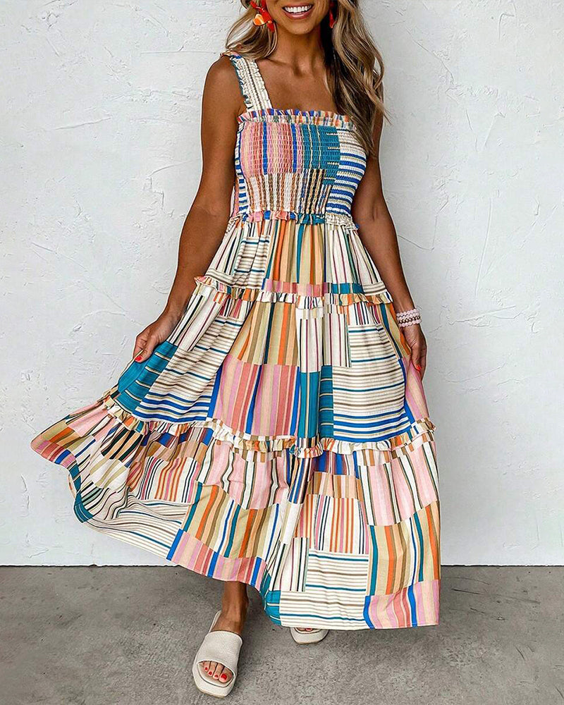 Robe Bretelles Rayée Bloc De Couleur Superposée
