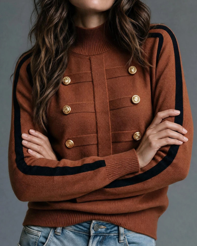 Pullover Col Roulé Bouton Métal Bloc Couleur