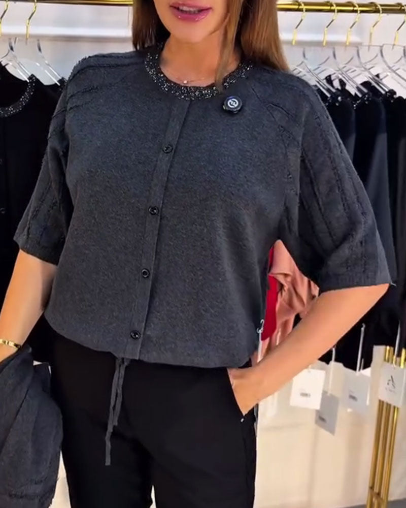 Pullover Col Rond Manches Courtes Simple Boutonnage