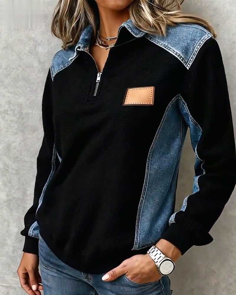 Haut Fermeture Éclair Denim Patchwork Revers