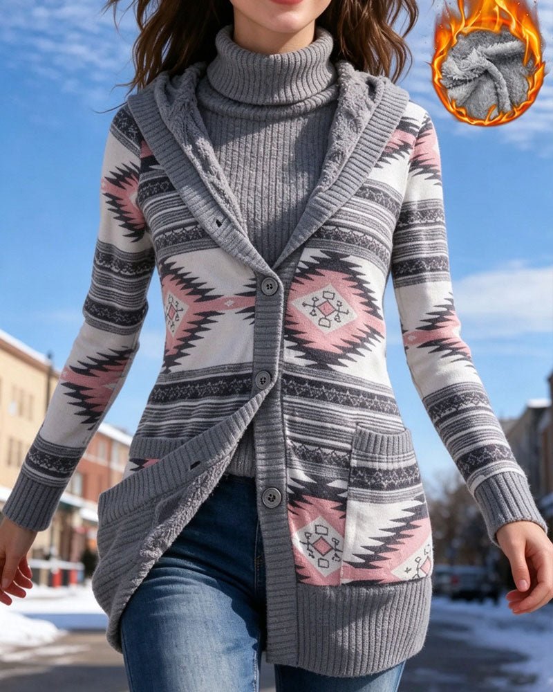 Manteau Imprimé À Capuche Boutonné