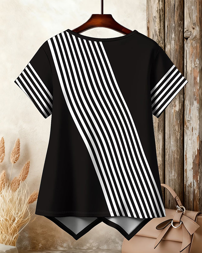 T-Shirt Rayure Diagonale Patchwork Col Rond