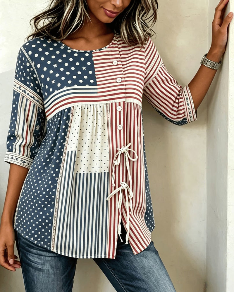 Blouse Drapeau Imprimé Patchwork Cravate