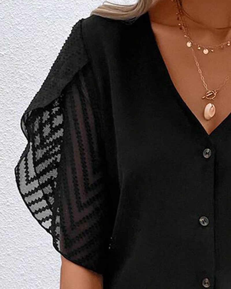 Blouse Élégante Col En V Bouton Décontractée