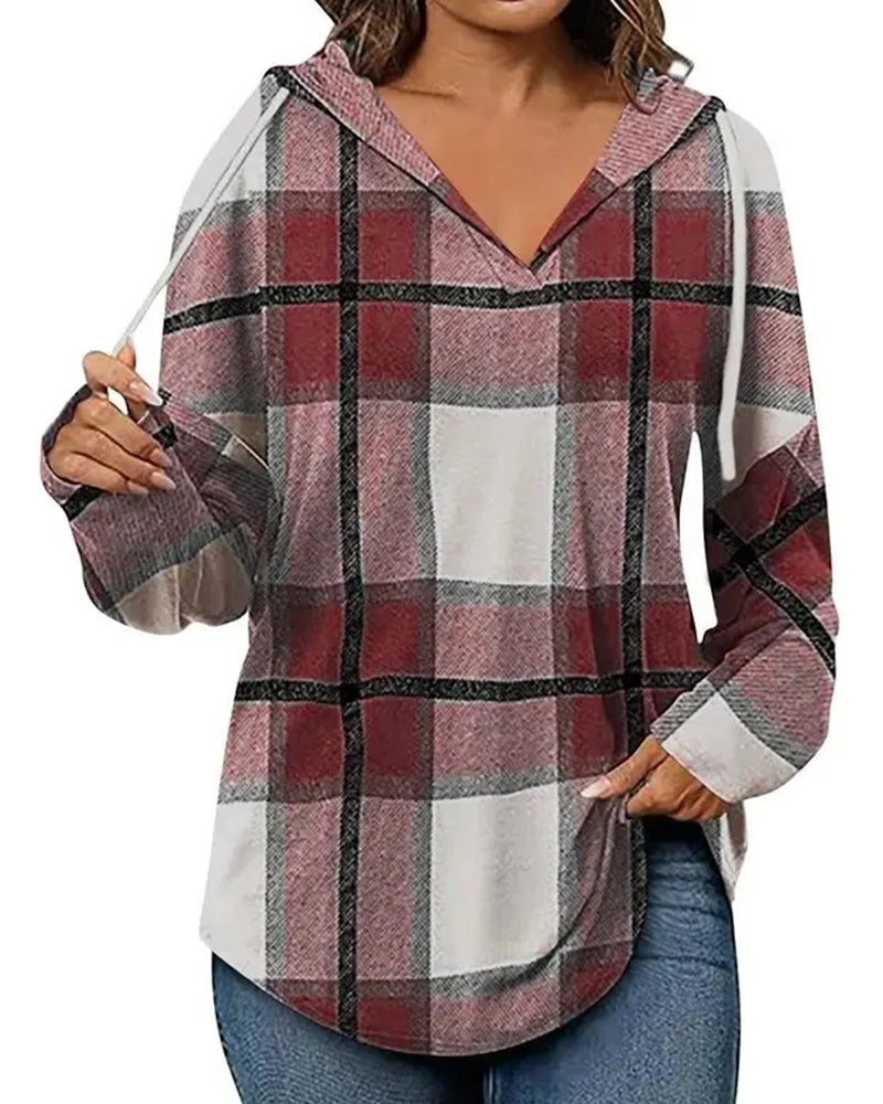 Blouse À Carreaux Capuche Cordon De Serrage