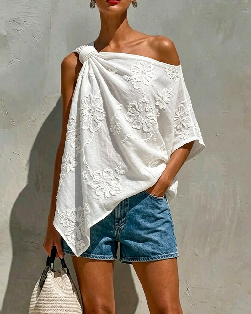 Blouse Fleur Tridimensionnelle Une Épaule