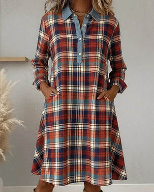 Robe Col À Revers Bouton Poche À Carreaux Assemblé