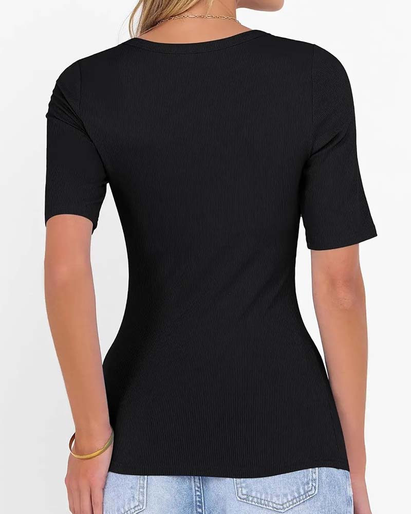 T-Shirt Ajusté Col En U Manches Mi-Longues