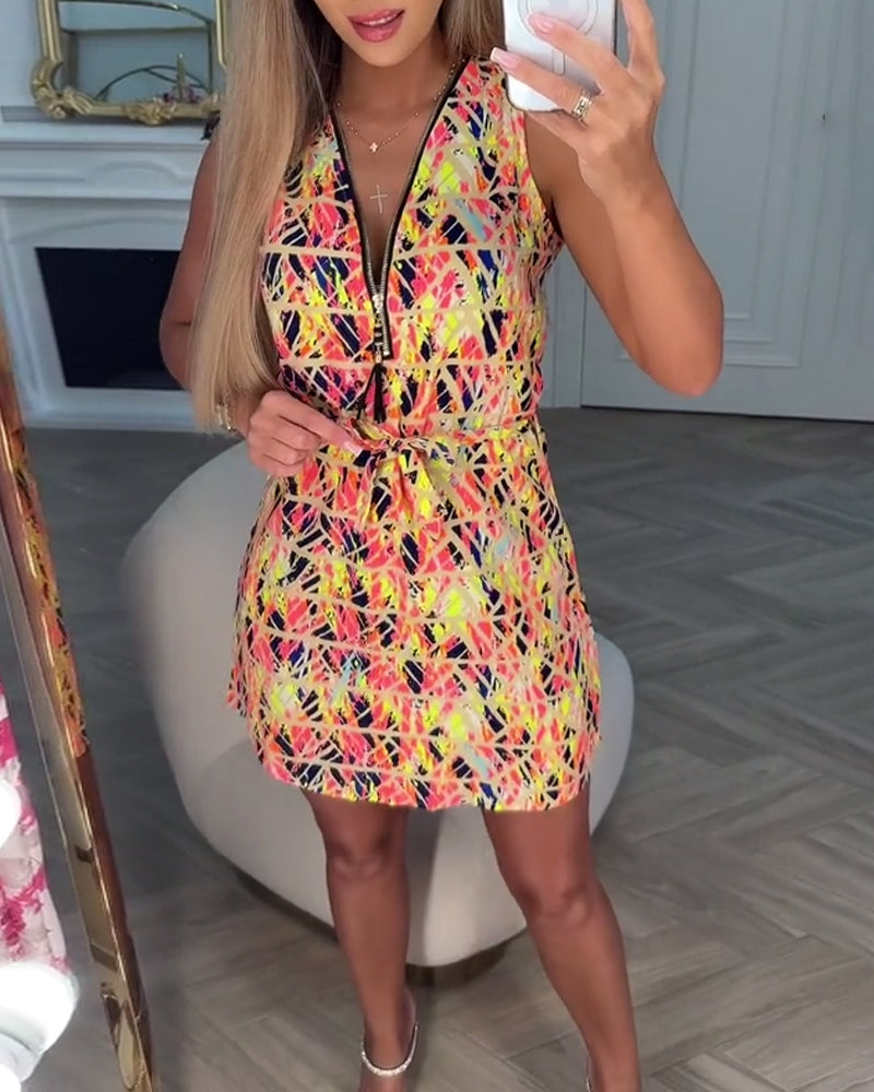 Robe Fermeture Éclair Demi-Sans Manches Florale