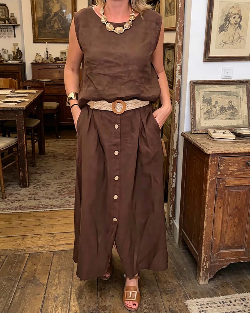 Ensemble Col Rond Sans Manches Bouton