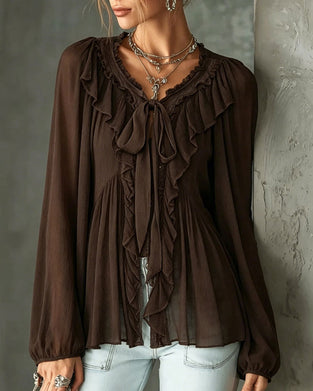 Blouse À Volants Col En V Cravate