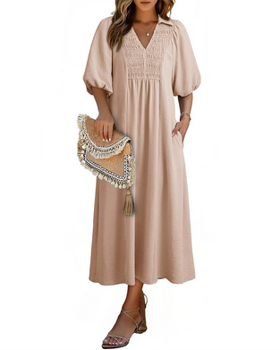 Robe Col V Rabat Manche Bouffante Maxi