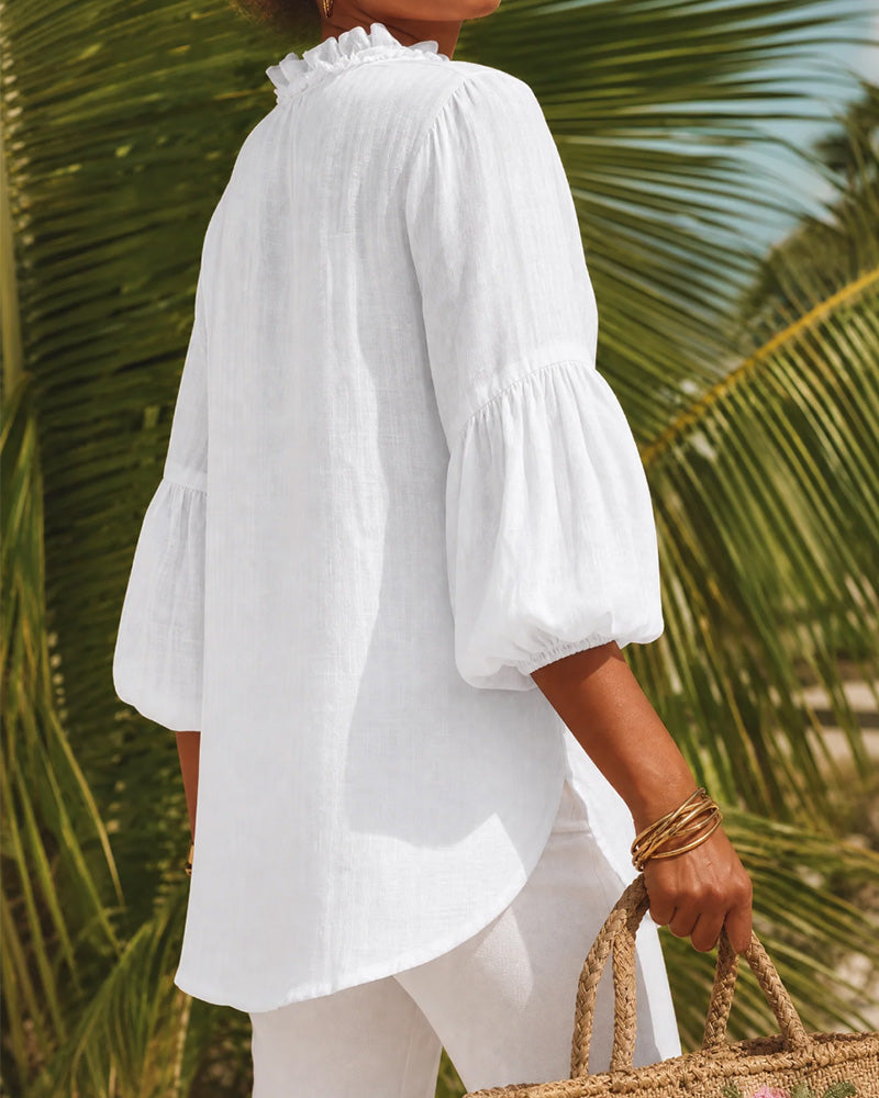 Blouse Volant Bord Manches Ballon Col En V