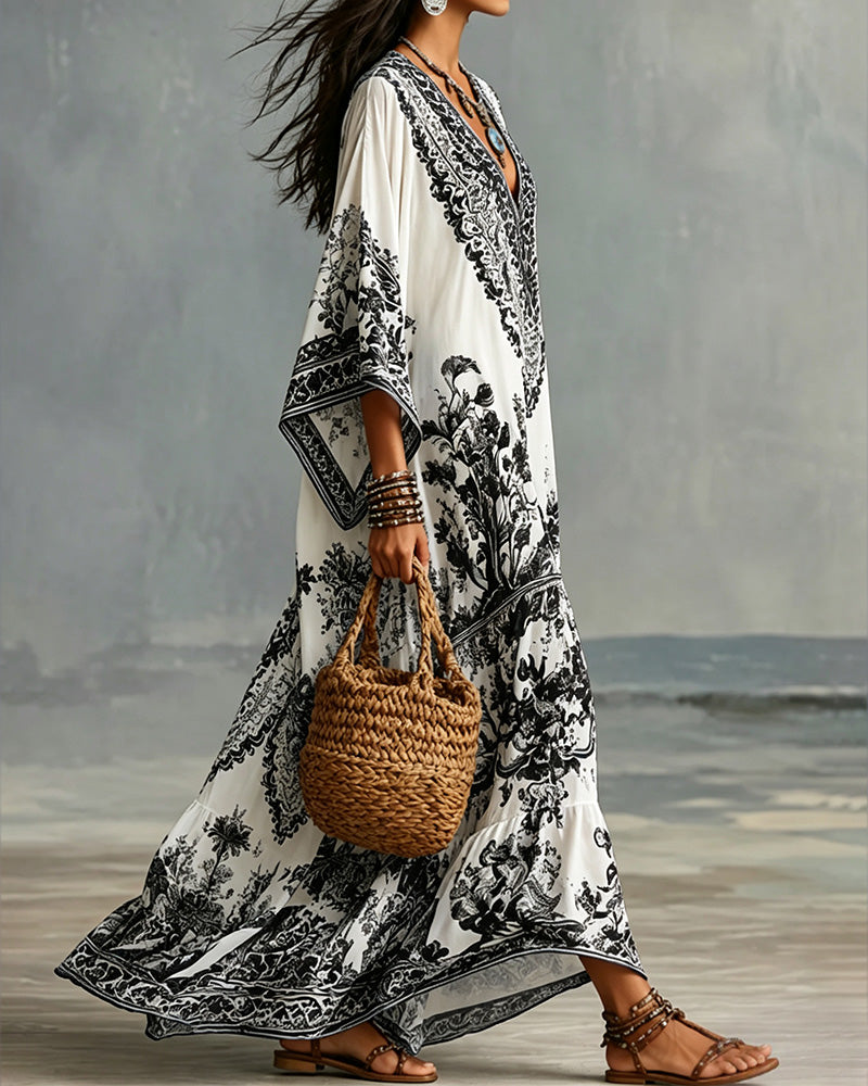 Robe Col En V Bohémienne Évasée Asymétrique