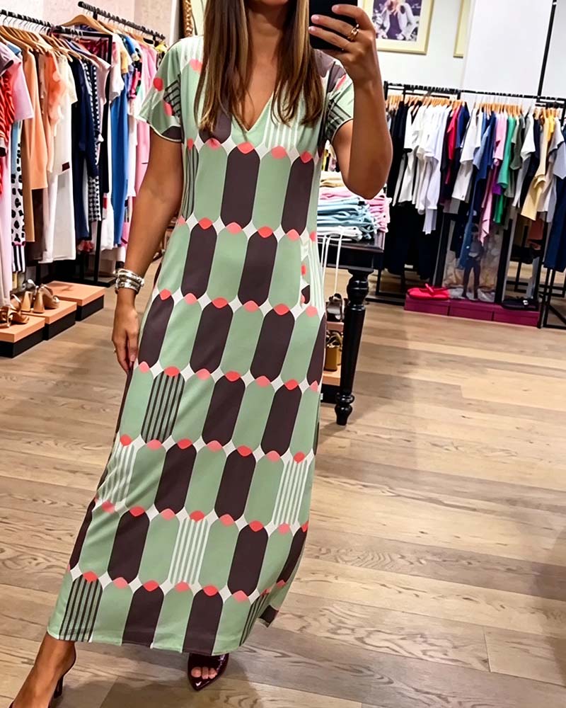 Robe Col En V Manches Courtes Jupe Ample