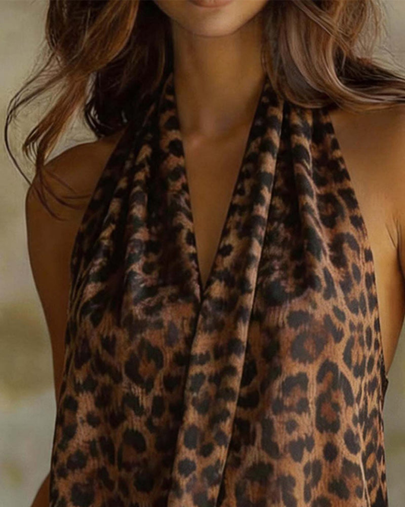 Blouse Col V Halter Léopard Sans Manches