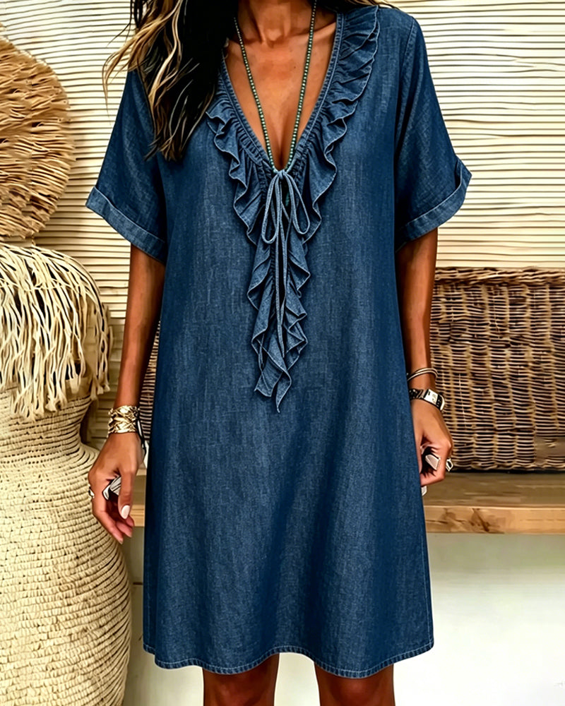 Robe Col V Denim Volant