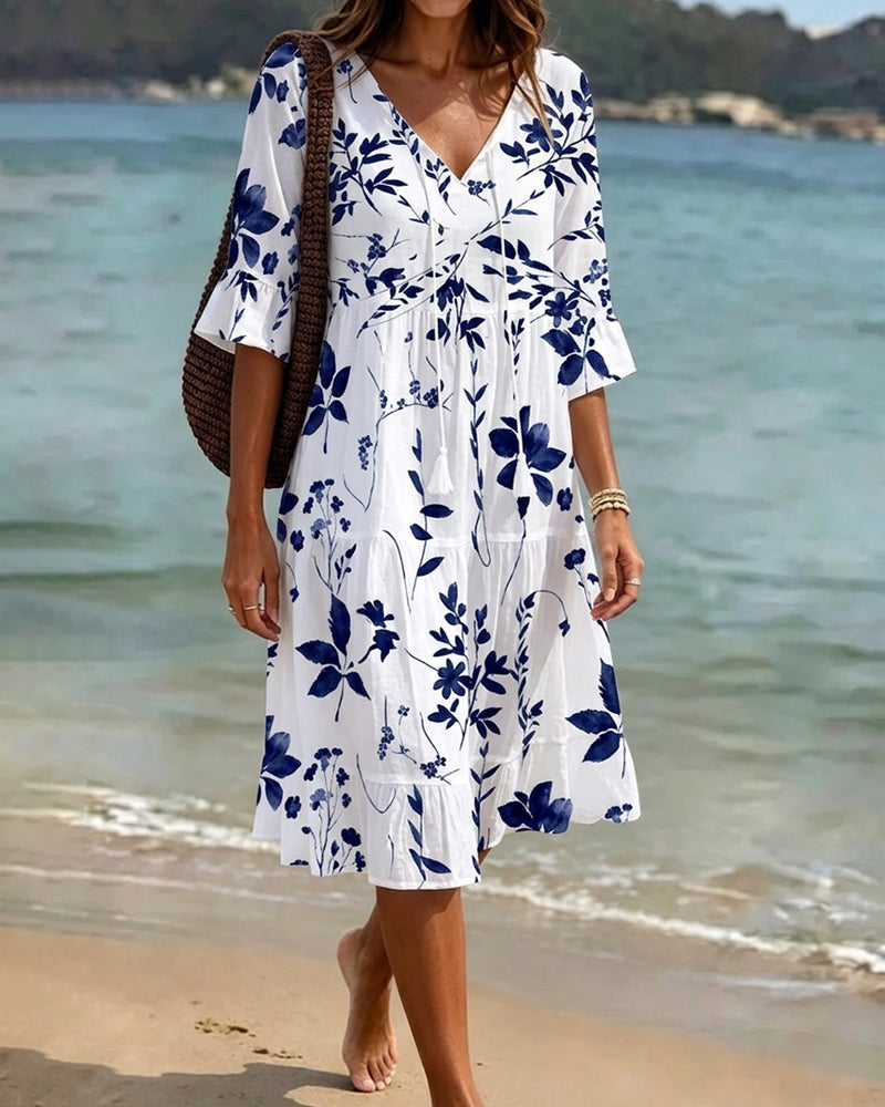 Robe Bretelles Col V Volant