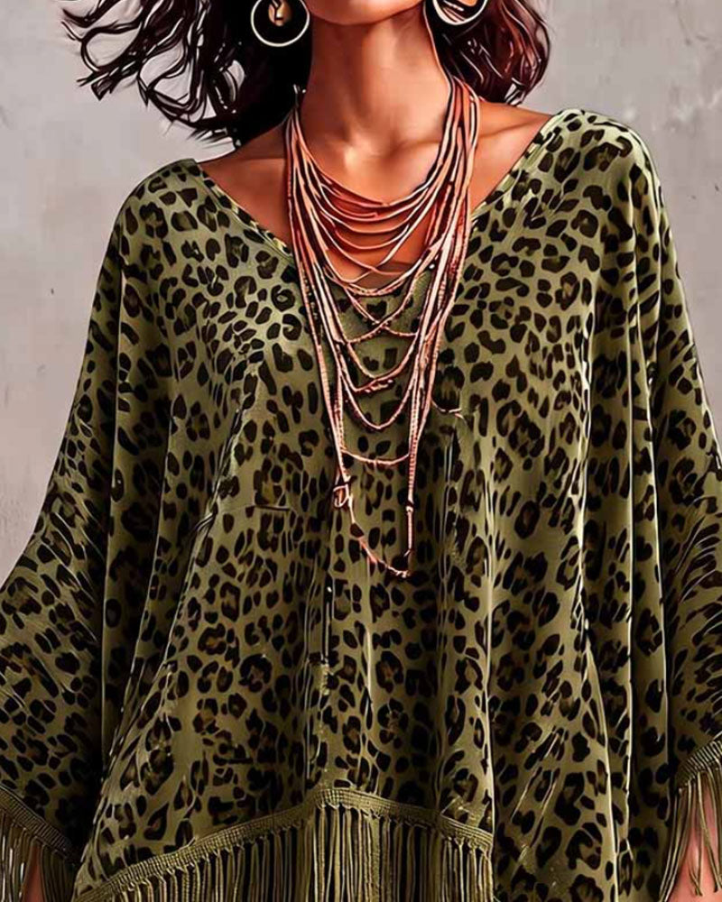 Blouse Manche Chauve-Souris Franges Imprimé Léopard Ample Velours