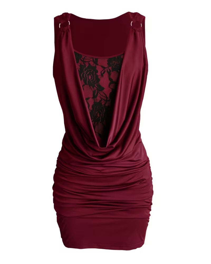 Robe Col Drapé Dentelle Bretelles Bodycon