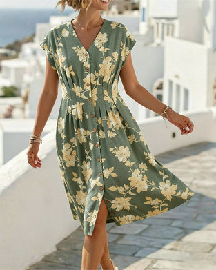 Robe Col En V Imprimé Taille Cintrée Boutonnage Devant