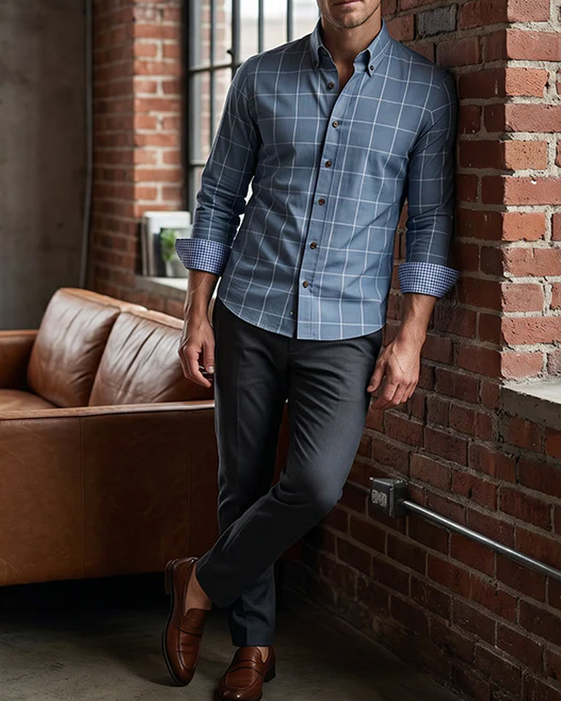 Chemise Bleu Et Blanc Carreau Revers Manche Longue